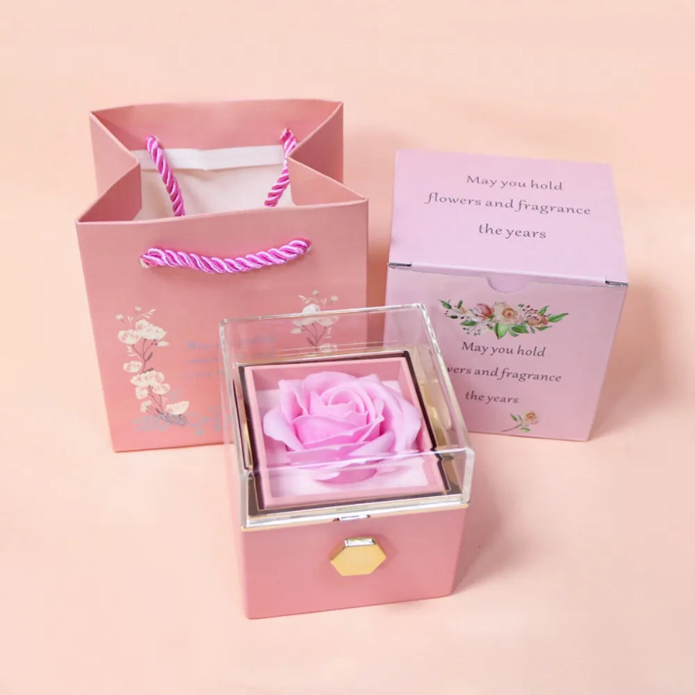 Rose Flower Rotating Jewelry Box Case Valentines Day Wedding Party Gift Box