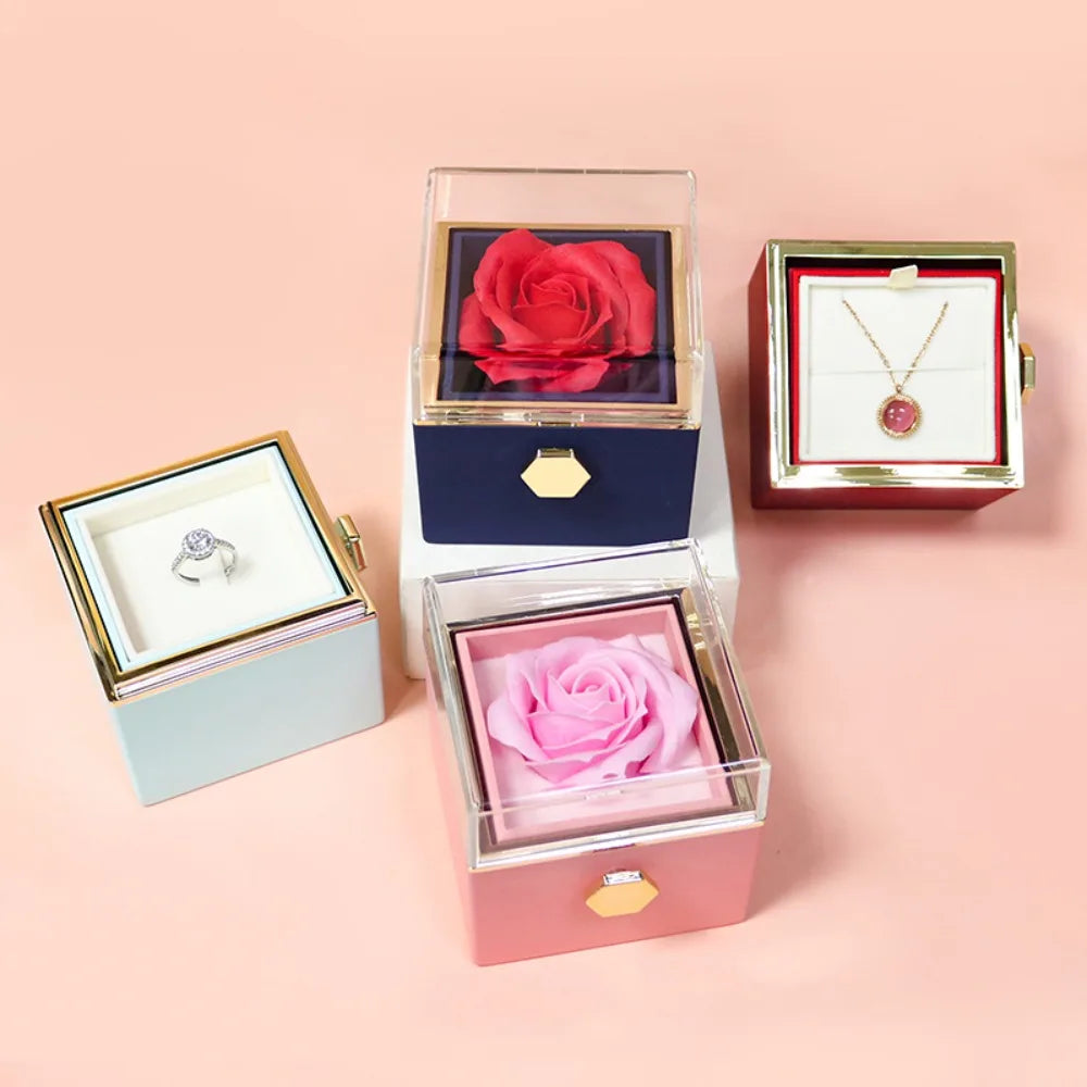 Rose Flower Rotating Jewelry Box Case Valentines Day Wedding Party Gift Box
