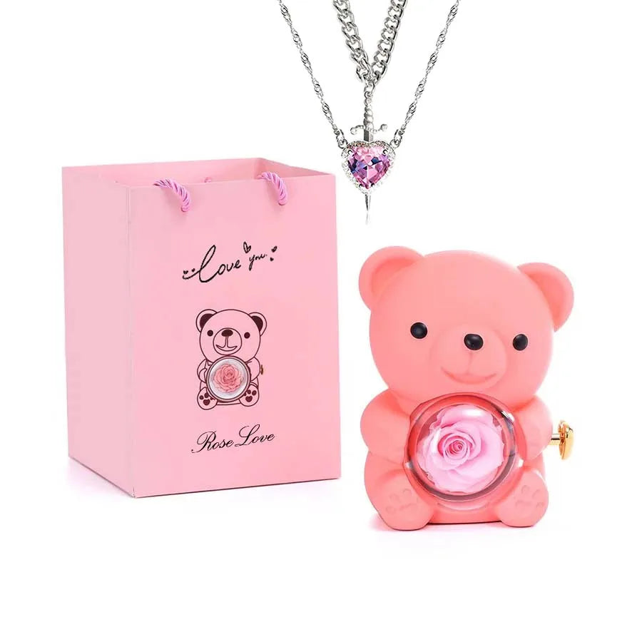 Mini Teddy Bear with Preserved Rose with Necklace