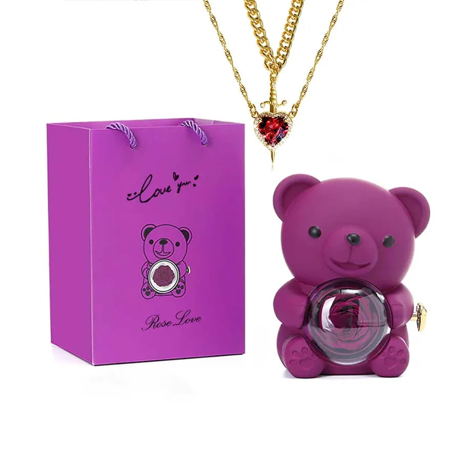 Mini Teddy Bear with Preserved Rose with Necklace