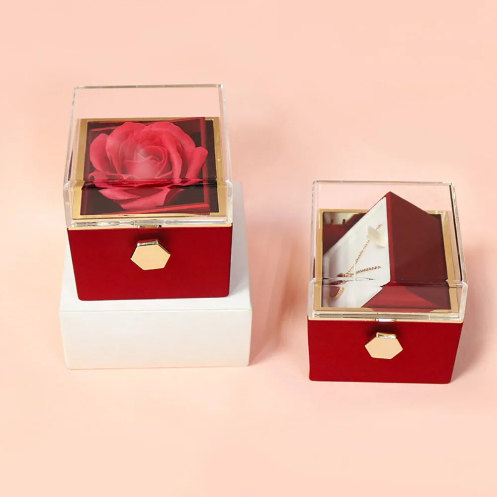 Rose Flower Rotating Jewelry Box Case Valentines Day Wedding Party Gift Box