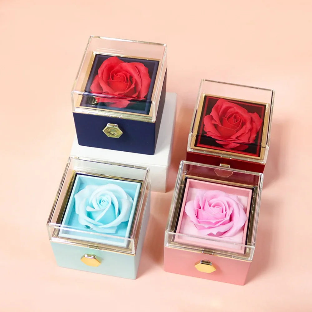 Rose Flower Rotating Jewelry Box Case Valentines Day Wedding Party Gift Box
