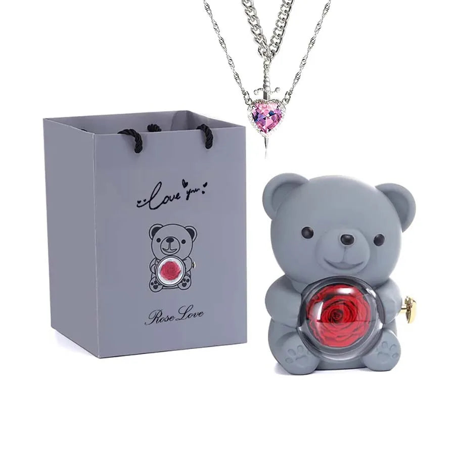 Mini Teddy Bear with Preserved Rose with Necklace