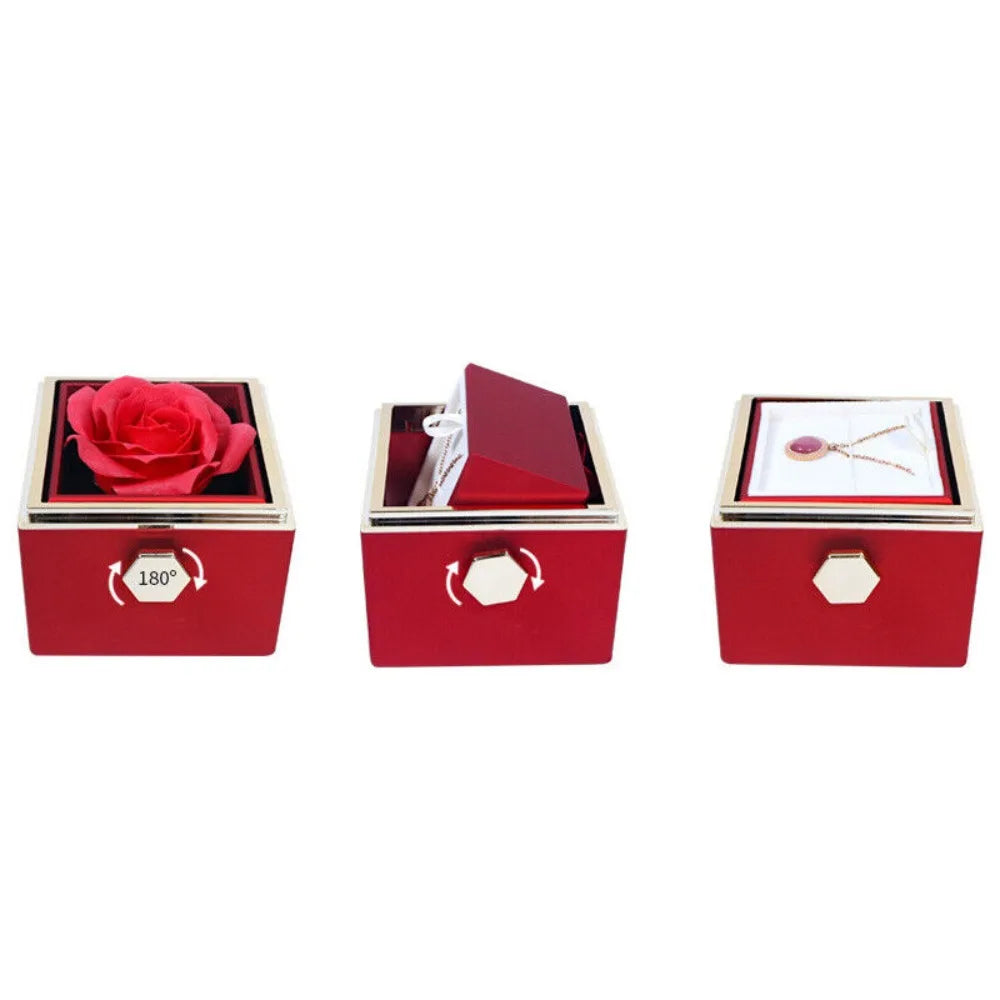 Rose Flower Rotating Jewelry Box Case Valentines Day Wedding Party Gift Box