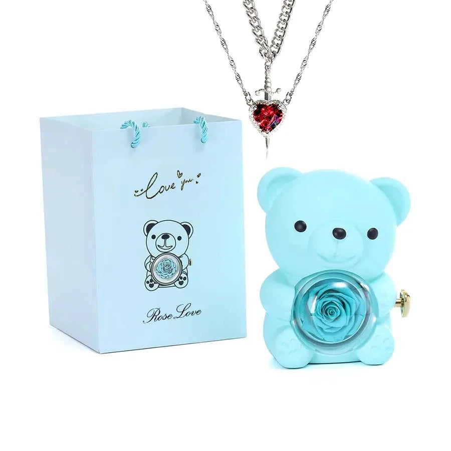 Mini Teddy Bear with Preserved Rose with Necklace