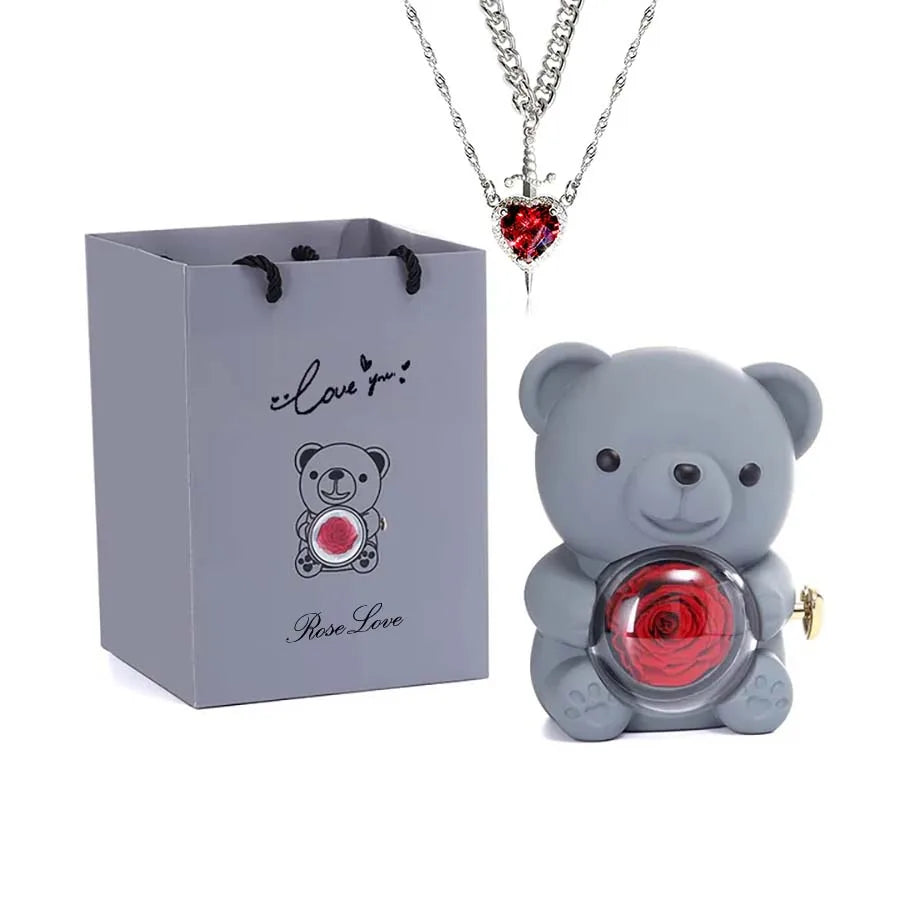 Mini Teddy Bear with Preserved Rose with Necklace