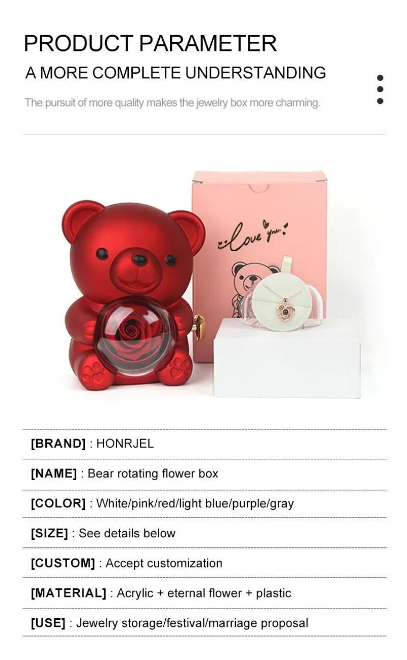 Mini Teddy Bear with Preserved Rose with Necklace
