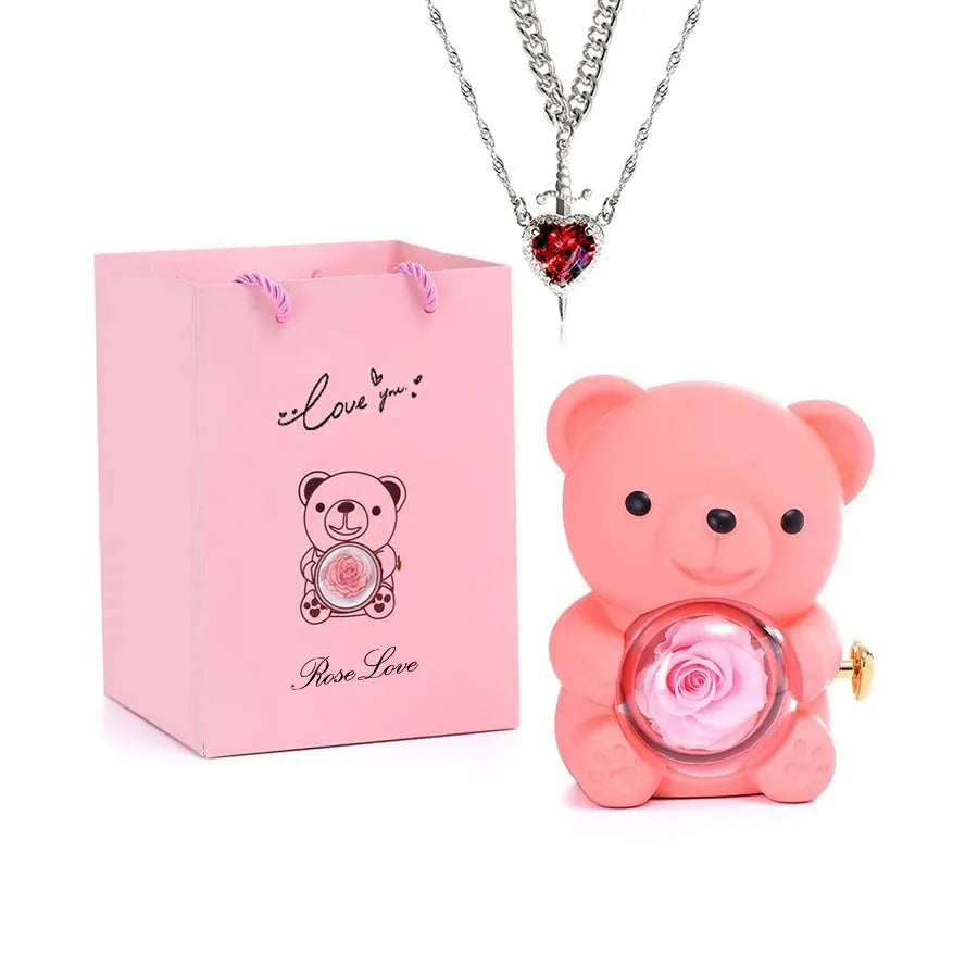 Mini Teddy Bear with Preserved Rose with Necklace