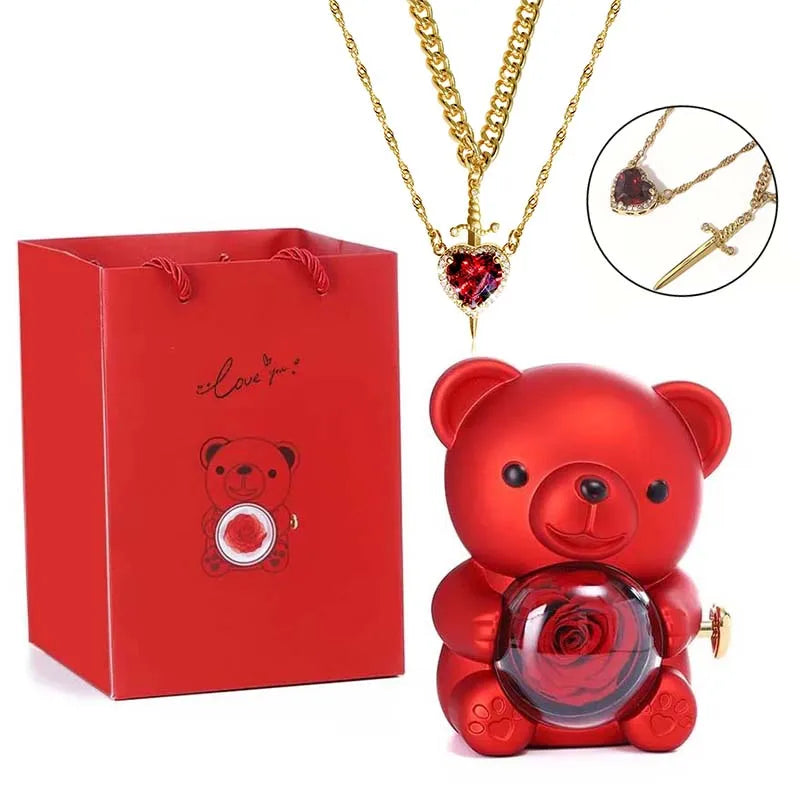 Mini Teddy Bear with Preserved Rose with Necklace
