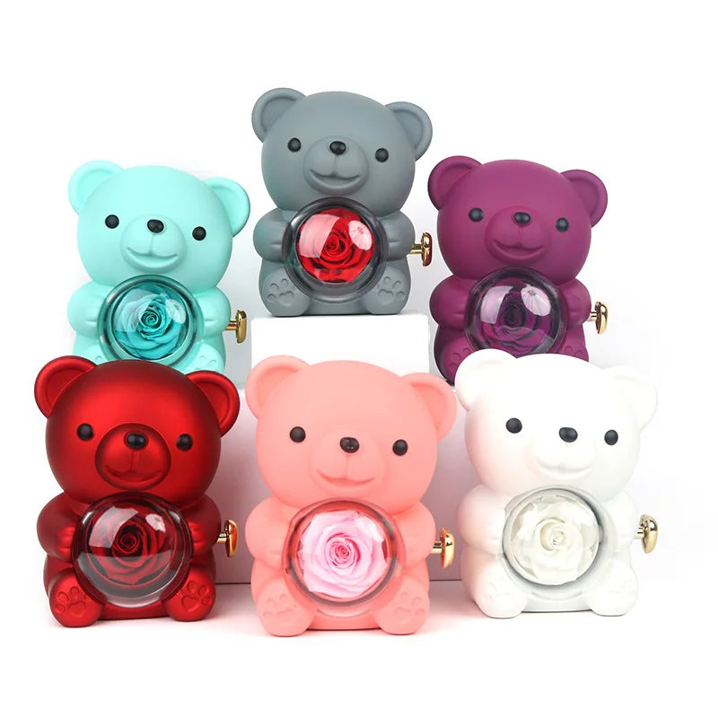 Mini Teddy Bear with Preserved Rose with Necklace