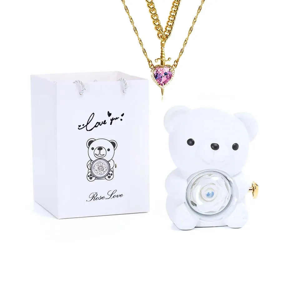 Mini Teddy Bear with Preserved Rose with Necklace