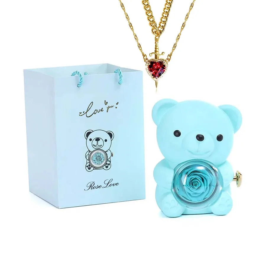 Mini Teddy Bear with Preserved Rose with Necklace