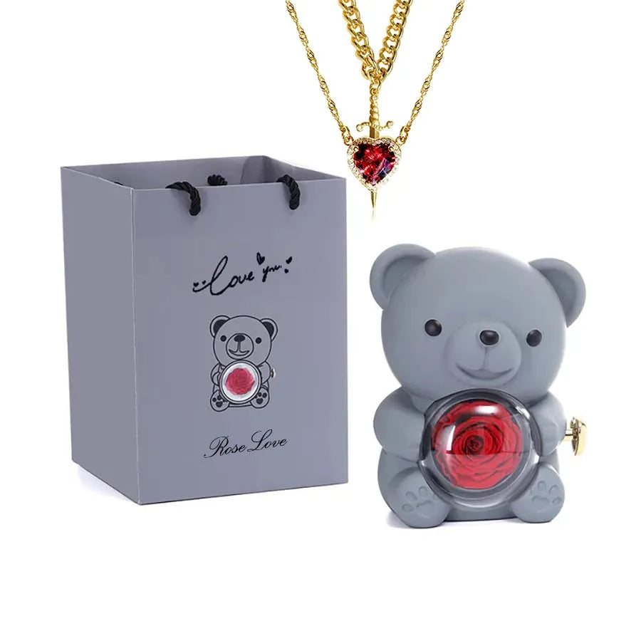 Mini Teddy Bear with Preserved Rose with Necklace