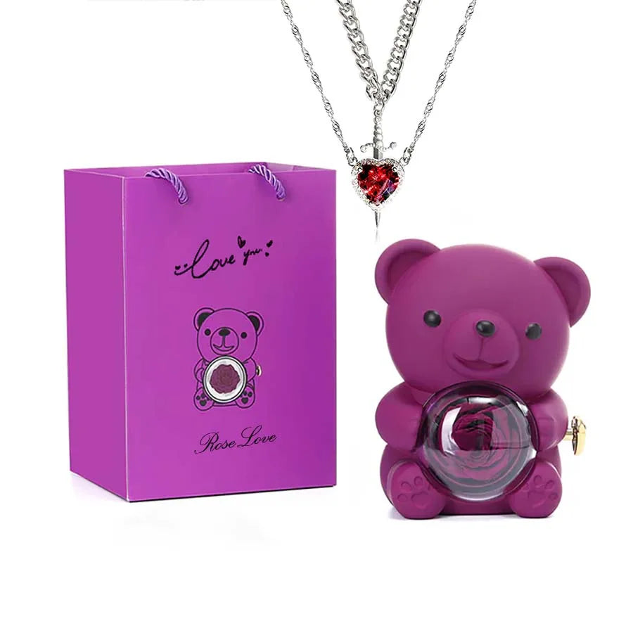 Mini Teddy Bear with Preserved Rose with Necklace