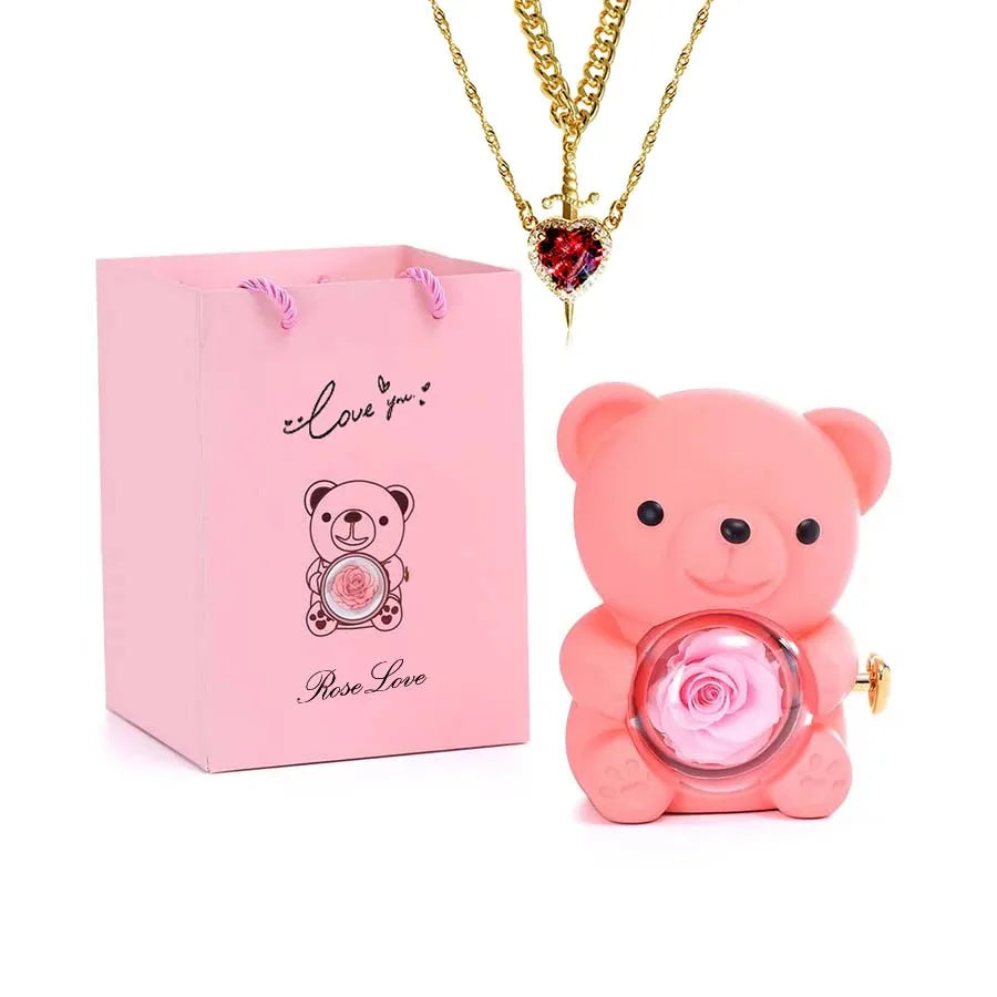 Mini Teddy Bear with Preserved Rose with Necklace