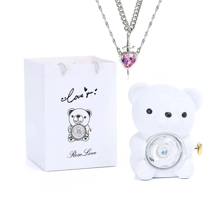 Mini Teddy Bear with Preserved Rose with Necklace