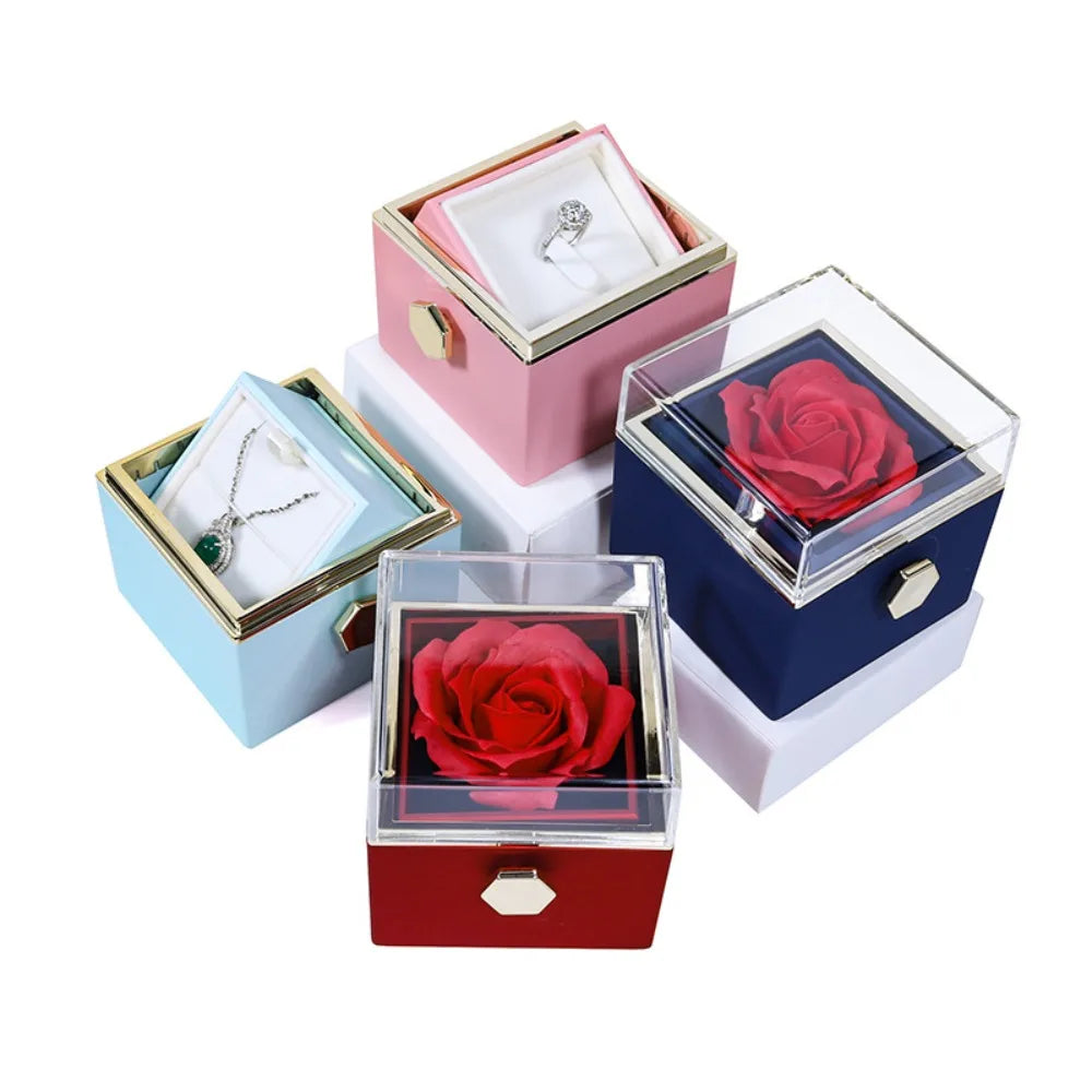 Rose Flower Rotating Jewelry Box Case Valentines Day Wedding Party Gift Box