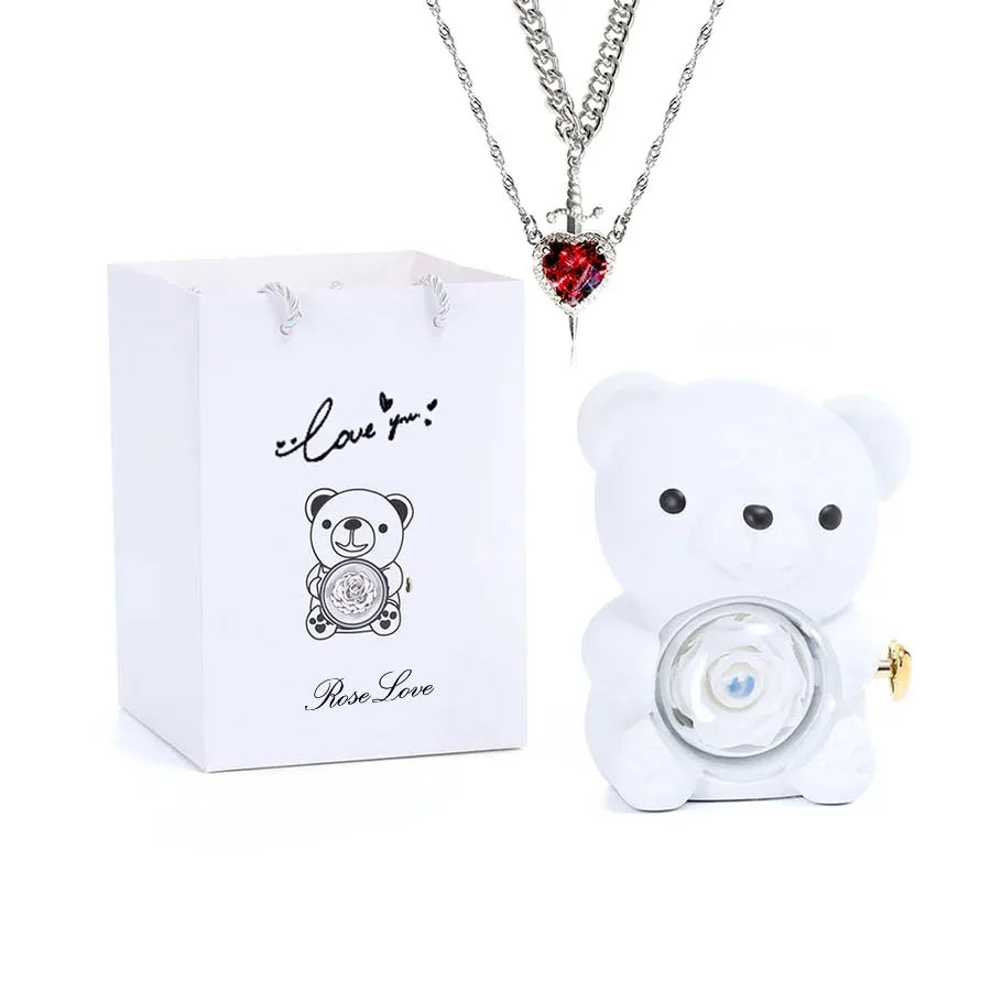 Mini Teddy Bear with Preserved Rose with Necklace