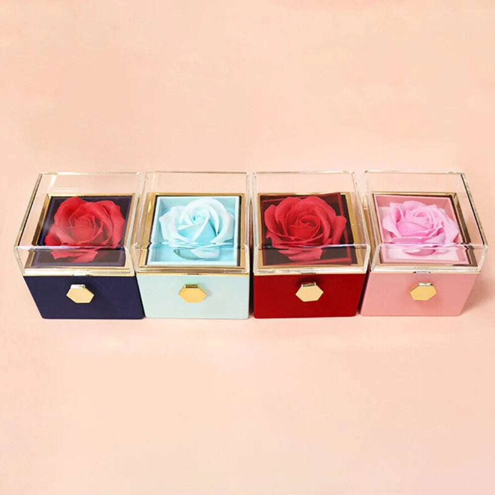 Rose Flower Rotating Jewelry Box Case Valentines Day Wedding Party Gift Box