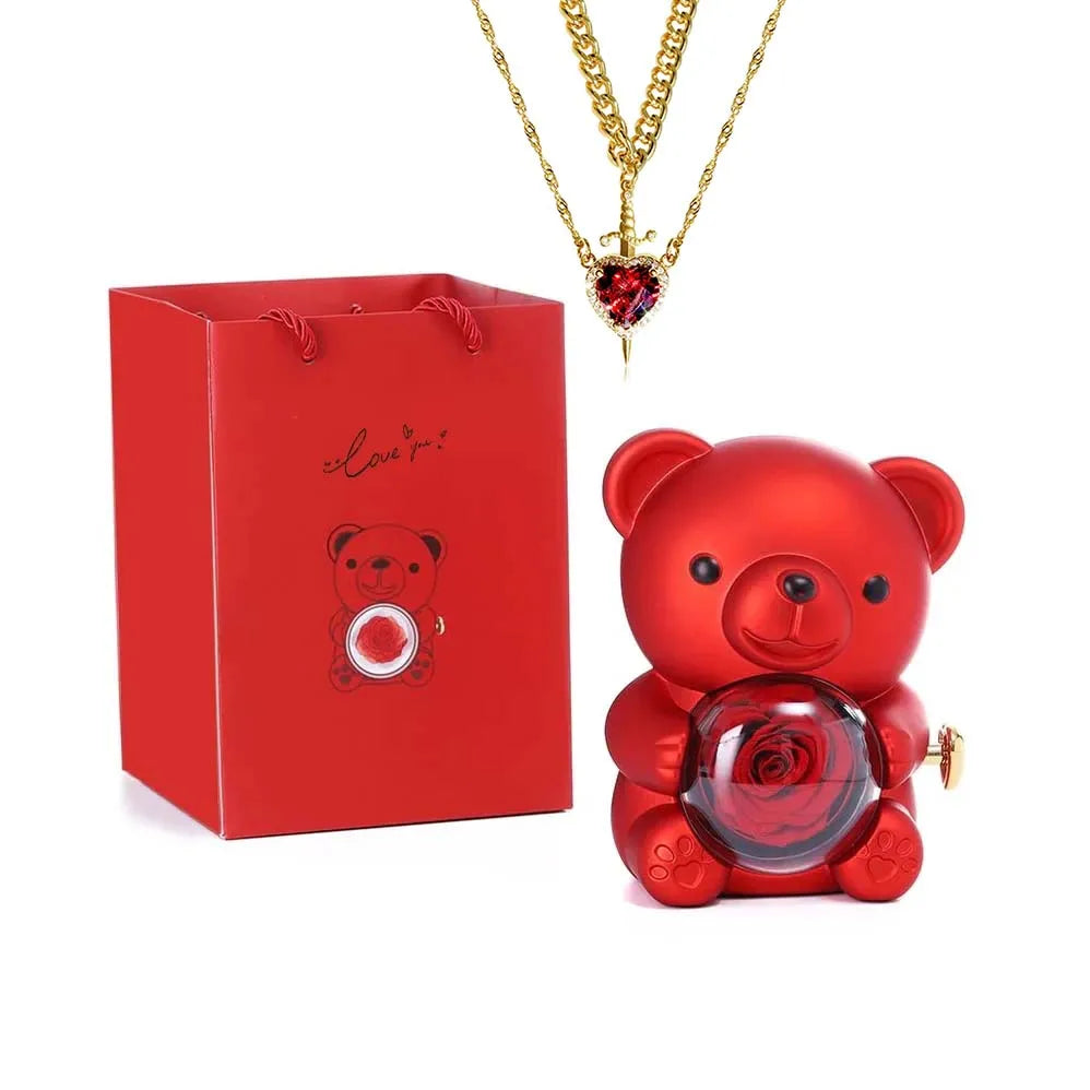 Mini Teddy Bear with Preserved Rose with Necklace