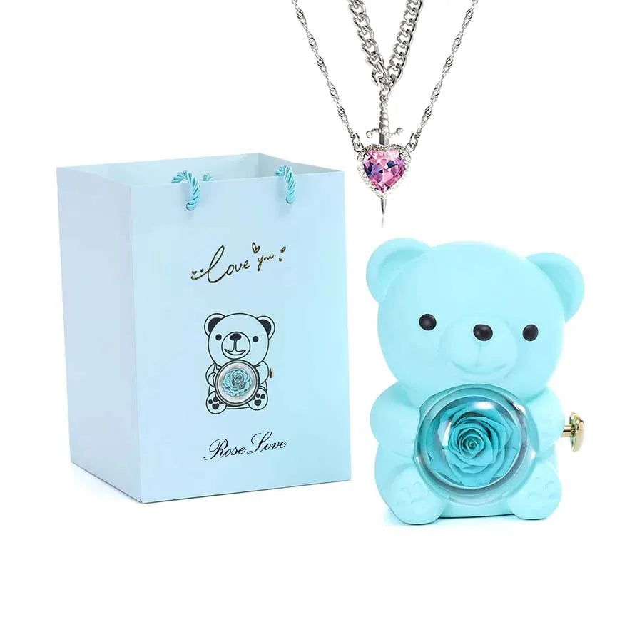 Mini Teddy Bear with Preserved Rose with Necklace