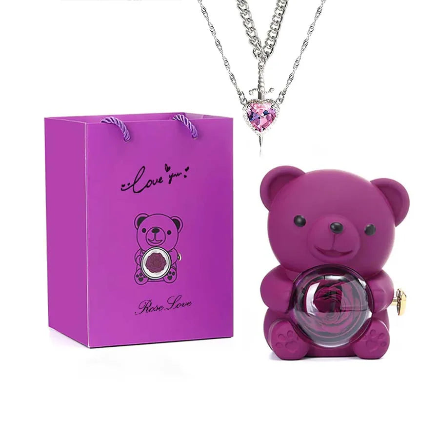 Mini Teddy Bear with Preserved Rose with Necklace