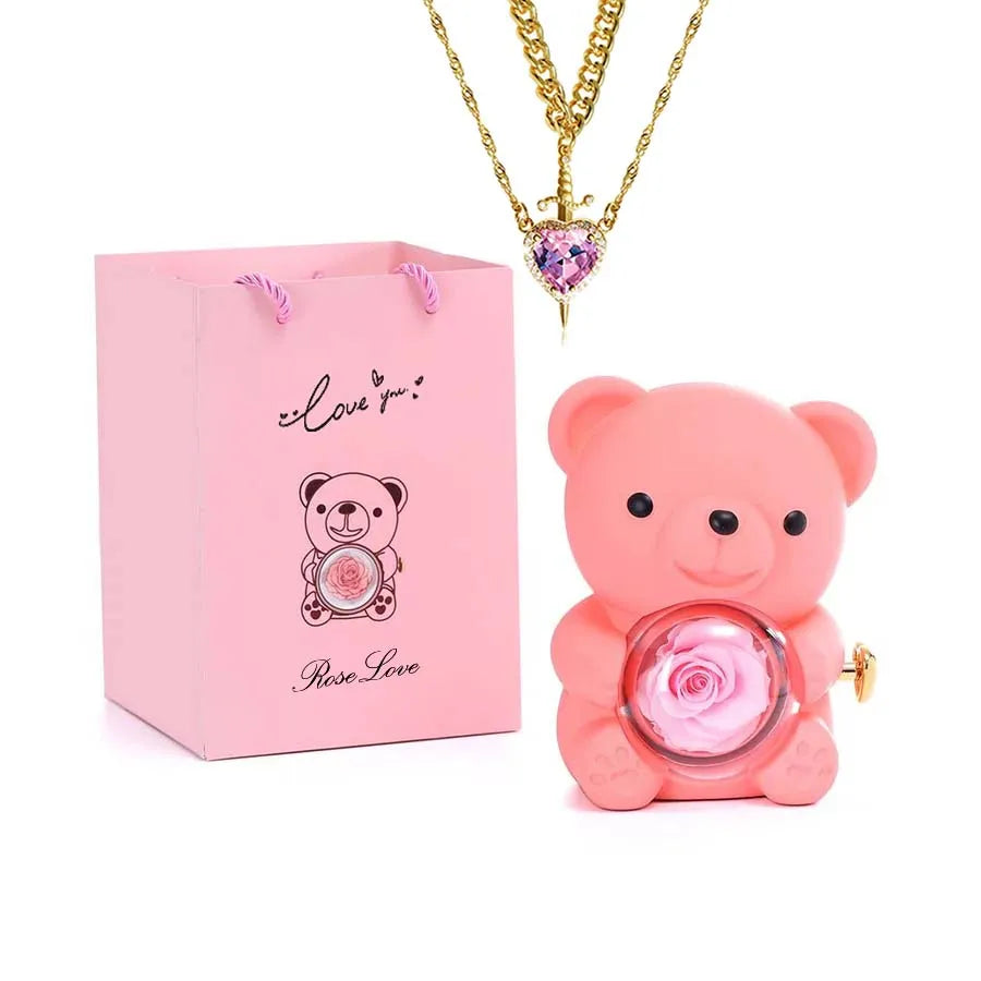 Mini Teddy Bear with Preserved Rose with Necklace