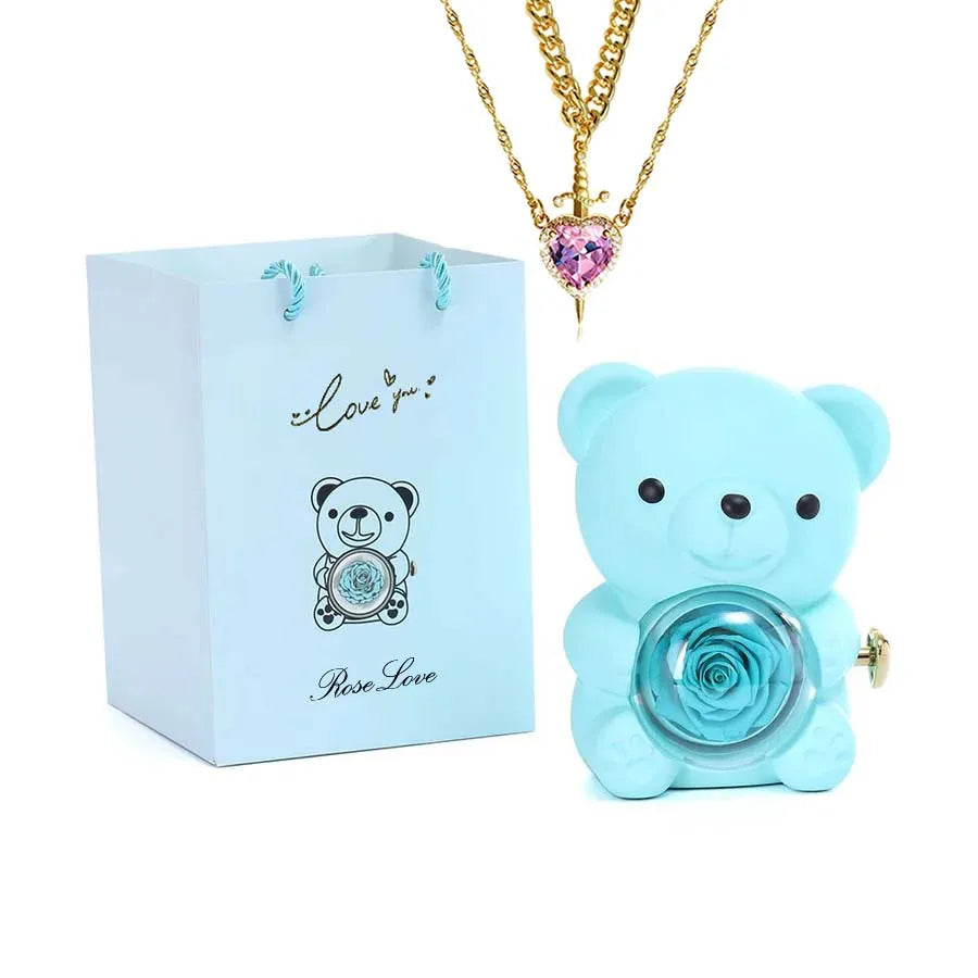 Mini Teddy Bear with Preserved Rose with Necklace
