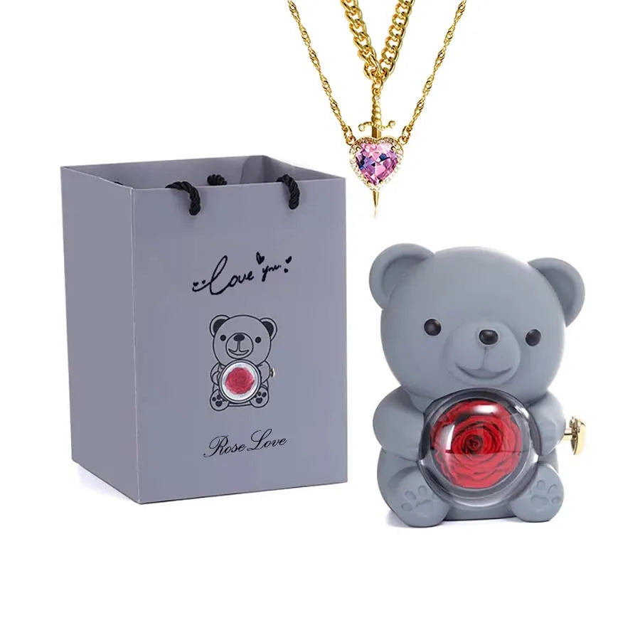 Mini Teddy Bear with Preserved Rose with Necklace
