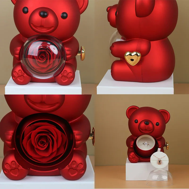 Mini Teddy Bear with Preserved Rose with Necklace